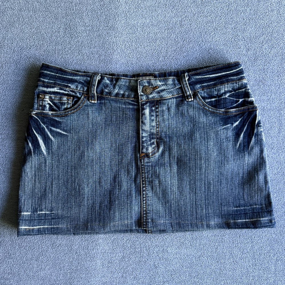 Elite Jeans Denim Skirt Women 7/8 Blue Medium Wash Distressed Mini Jean Skirt‎
